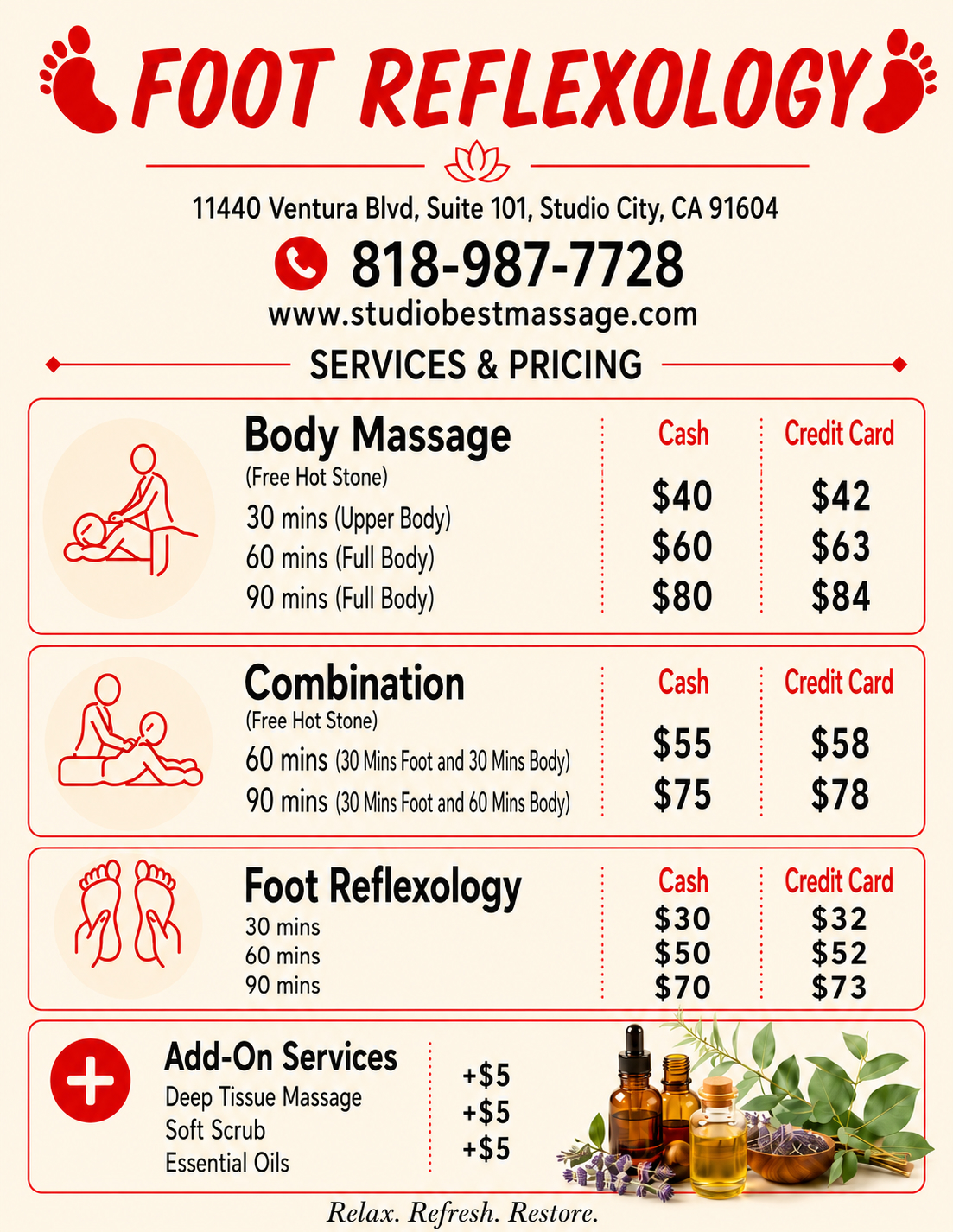 Studio Best Massage foot reflexology services and pricing