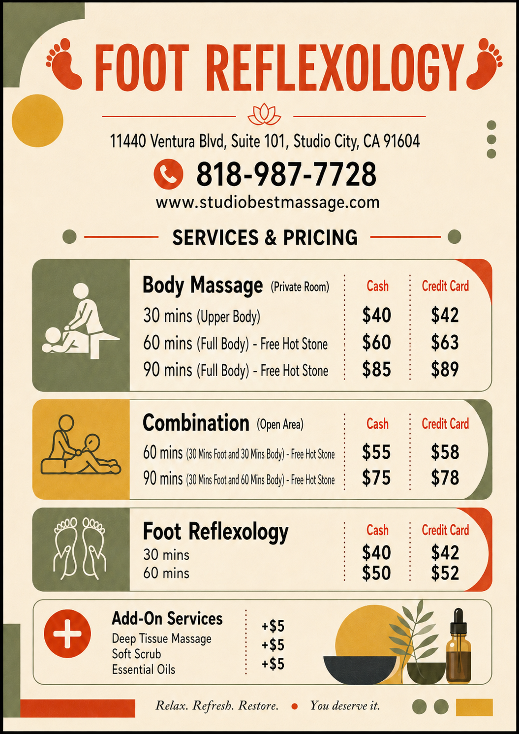 Studio Best Massage foot reflexology services and pricing